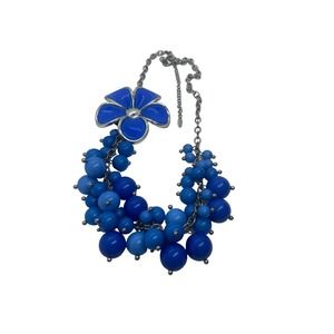 Signed VCLM Silver Tone Necklace Blue Flower Beads Adjustable 9” Drop